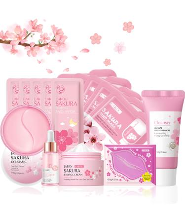Skin Care Set Cherry Blossom Skincare Gifts For Teenage Girls Skincare Kits Japanese Skincare Set: Cleanser Serum Eye Mask Cream Lip Mask Face Mask Anti-Aging Skin Care Kit For Women Hydration 14pcs