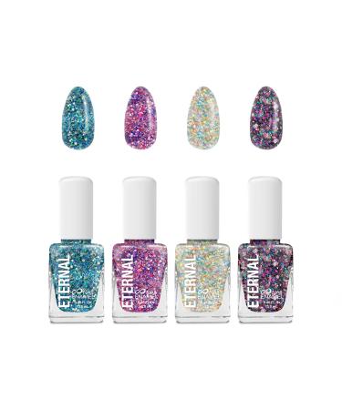 Eternal Collection – 4 Piece Set: Long Lasting, Quick Dry, Clear Glitter Nail Polish Set – Hardener, Bright and Shiny Finish - 0.46 Fluid Ounces Each (Confetti Party)
