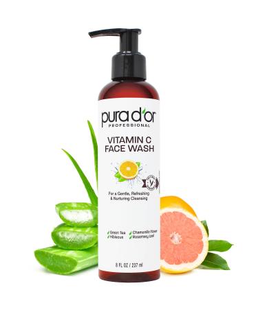 PURA D'OR 8 Oz Vitamin C Face Wash - Antioxidant Rich Brightening Facial Cleanser For Radiant Glow & Even Skin Tone - Gentle Refreshing Nurturing Hydrating - Sulfate & Paraben Free - All Skin Types Citrus 8 Fl Oz (Pack of 1)