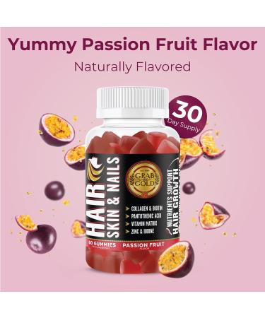 Grab The Gold Hair Skin & Nails Vitamins for Women | Gummies with 6000mcg Biotin & Collagen | 10 Essential Vitamin & Minerals | Gluten-Free Non-GMO Passion Fruit Flavor | 1 Month Supply - Buy Online on GoSupps.com