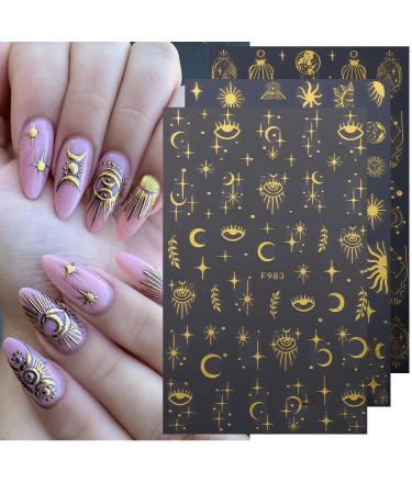 8 Sheets Gold Star Nail Stickers | Metallic 3D Self-Adhesive Nail Art Decals for Women - Sun Moon & Planet Designs - Buy Online on GoSupps.com