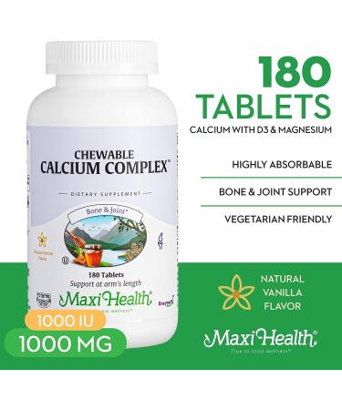Maxi Health Chewable Calcium Complex with Vitamin D3 and Magnesium - 1000mg Daily Supplement for Bone, Teeth, and Joint Support - 180 Count Chews - Vanilla Flavor - Buy Online on GoSupps.com