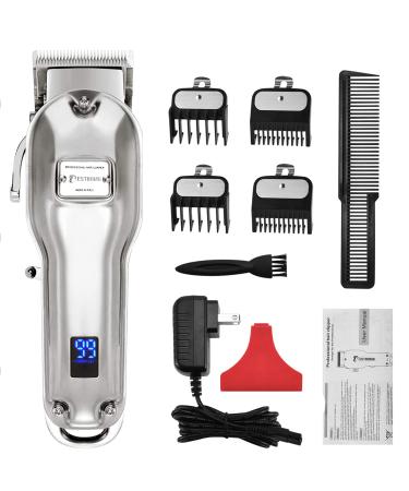 Professional Cordless Hair Clippers for Men Rechargeable Beard Trimmer Low Nosie Home Barber Hair Cutting Kit Set for Men/Kids/Pet with an All Metal Housing LED Display Silver