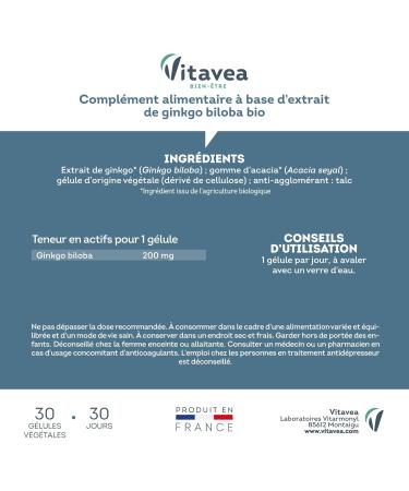 VITAVEA WELL-BEING - Ginkgo Biloba ORGANIC - Memory Food Supplement - 100% Ginkgo Biloba ORGANIC - Concentration Intellectual Performance - 30 capsules - 1 month cure - Made in France - Buy Online on GoSupps.com