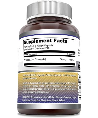 Amazing Formulas Zinc Gluconate 50mg 240 Veggie Capsules - Non-GMO, Gluten Free, Made in USA | Vegetarian Friendly Zinc Supplement - Buy Online on GoSupps.com