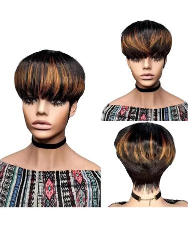 SAEIALL Pixie Cut Wig Human Hair Black with Brown Short Pixie Wigs for Black Women Brazilian Virgin Human Hair Layered Haircut Glueless Mushroom Wigs for Women Natural Wavy Wig (1B30)
