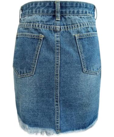 Sanahy Women's Front Split Frayed Mini Denim Pencil Skirt - Dark Washed Button Front Distressed Jean Short Skirt - Buy Online on GoSupps.com