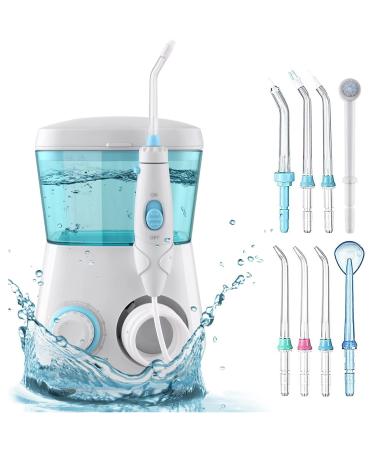 Dental Water Flosser, Oral Irrigator, 10 Adjustable Pressure Teeth Cleaner, 8 Interchangeable Jet Tips, 600 ML Capacity for Tooth Cleaning, Waterproof Leakproof Family(White) 9 Piece Set