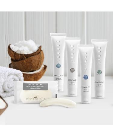 Infuse Pure 75 Piece 15 Set Travel size shampoo and conditioner sets Hotel Collection Bulk Toiletries of 1oz Shampoo & Conditioner Body Wash Lotion & 1.25oz Bar Soap White Tea Coconut