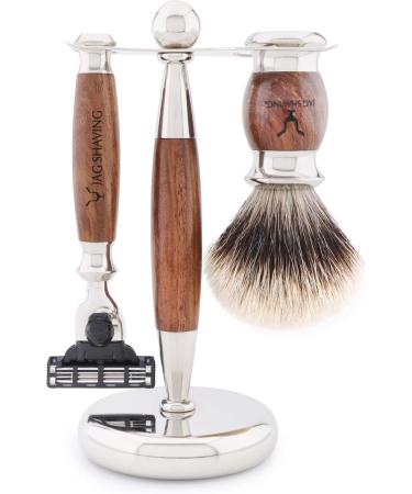 JAG Shaving Razor Set - Premium 5-Part Shaving Kit with Silberspitz Dachshaar Brush Stainless Steel Stand and Wood Bowl - International Shipping Available - Buy Online on GoSupps.com