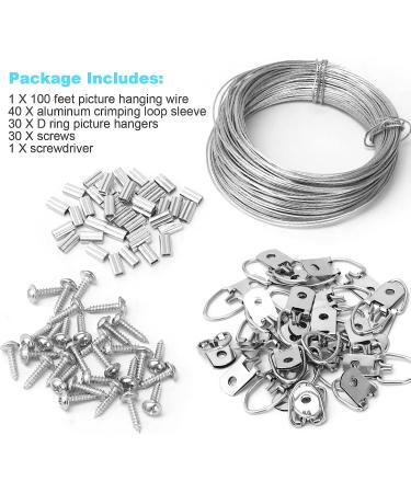 Ouskr 100 Pcs Picture Hanging Wire Kit - Heavy Duty 100ft Wire for Photo, Mirror, Artwork - Includes D Ring Hangers, Screws, Aluminum Sleeves, Screwdriver - Supports up to 30lbs - Buy Online on GoSupps.com