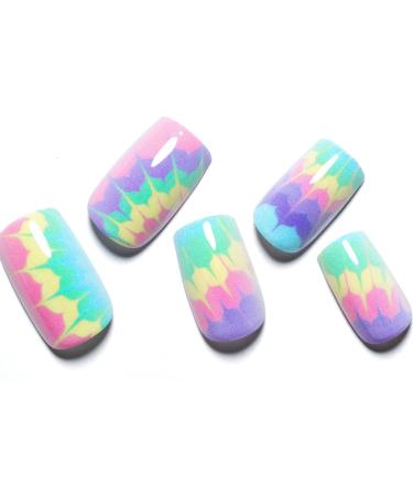 GLAMERMAID Press on Nails Medium Short Square, Bright Colorful Tie Dye Fake Nails with Design Acrylic False Nail Kits Stick Glue on Nails Sets Reusable Full Cover for Women Girls Gift, 24Pcs A5-Color Clashing Tie-dye