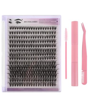 FRCOLOR 1 Sets DIY Eyelash Kits Eyelash Extensions Tools Individual Lash Clusters with Eyelash Glue Remover Curved Tip Eyelash Tweezers with Combs Eyelash Brush for Self Application Pink