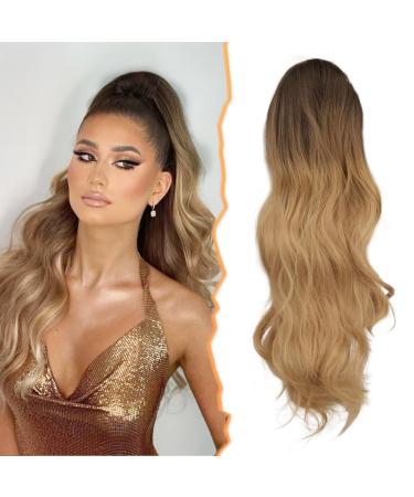 BARSDAR Claw Clip Ponytail Extension for Women Long Wavy Curly Brown Ponytail Hair Extensions Synthetic Clip in Hairpiece for Girls Daily Use(20'' Ash Brown Ombre Blonde) 20 Inch (Pack of 1) Ash Brown Ombre Blonde