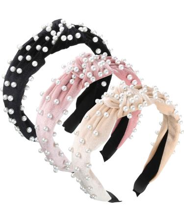 3 pieces pearl headband wide hair band including pearl headband vintage twisted headgear for girls women hair jewelry (beige pink black) - Buy Online on GoSupps.com