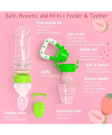 HAOBAOBEI Baby Fresh Fruit/Food Feeder Pacifier (2 Pcs) - Silicone Teething Toys with 2 Sized Pouches, Spoon, Bottle Brush - Blue&Green Set - Buy Online on GoSupps.com