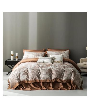 V-intage American Deluxe Bedding Set Tropical Botanical Print Soft Silk Duvet Cover Set Sheet Pillowcase Soft (A Fitted1.6M)