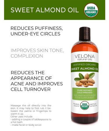 Velona USDA Certified Organic Sweet Almond Oil - 4 oz | 100% Pure Refined Cold Pressed Carrier Oil for Skin, Hair & Body Moisturizing - Buy Online on GoSupps.com
