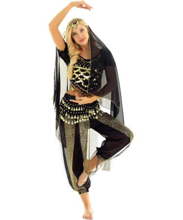 Moily Women's Indian Belly Dance Costume Set - Lantern Sleeves Coins Tops, Harem Pants, Hip Scarf - Black, One Size - Buy Online on GoSupps.com
