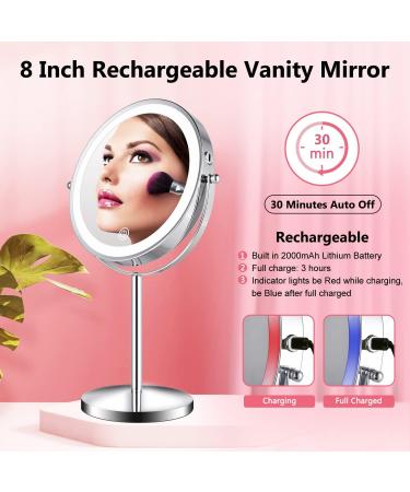 ALHAKIN Rechargeable Lighted Makeup Mirror - 1X/10X Magnifying, 8 Inch Dimmable with 3 Color Lights - Buy Online on GoSupps.com