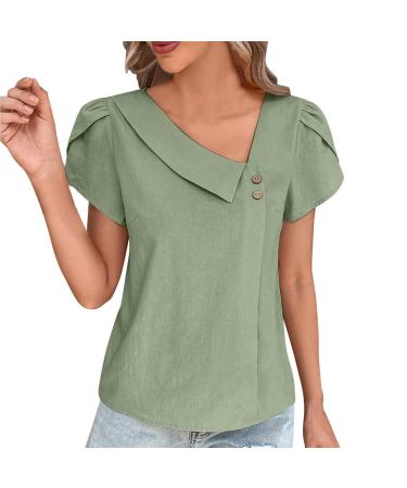 Women Cotton and Linen Shirts Oversized Blouse Summer Long Sleeve Lapel Button Casual Tee Shirt Crewneck Loose Work Ladies T Shirts 2148-qppoj-f-green M