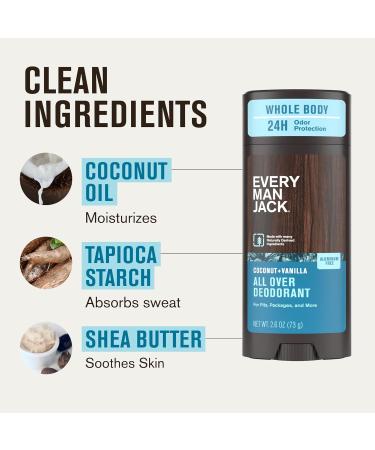 Every Man Jack All Over Deodorant - 24 Hour Whole Body Odor Protection - Aluminum Free - Coconut + Vanilla Scent 2.6 oz (1 Pack) Coconut + Vanilla 2.6 oz (Pack of 1) - Buy Online on GoSupps.com