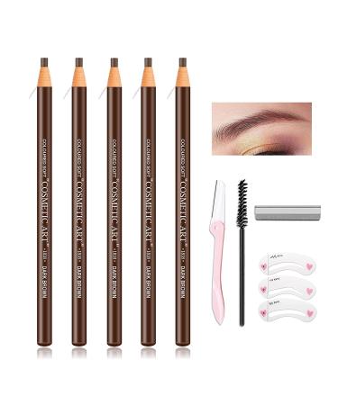 5P Waterproof Eyebrow Pencil Pull Cord Peel-off Brow Pencil Microblading Eyebrow Pen Supplies Set Brow Pen Eyebrow Tattoo Makeup for Marking Filling and Outlining with Eyebrow Trimming Tool(Dark Brown)
