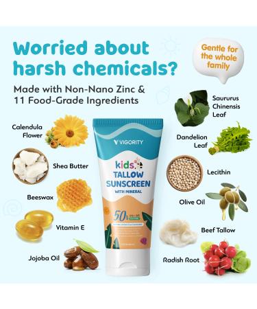 Beef Tallow Sunscreen for Kids with Zinc Oxide: Natural Non-Toxic SPF 50 Tallow Sunblock Cream - with Food-Grade Botanical Extracts - Kids & Sensitive Skin Safe Water-Resistant - 3.4 FL OZ - Buy Online on GoSupps.com