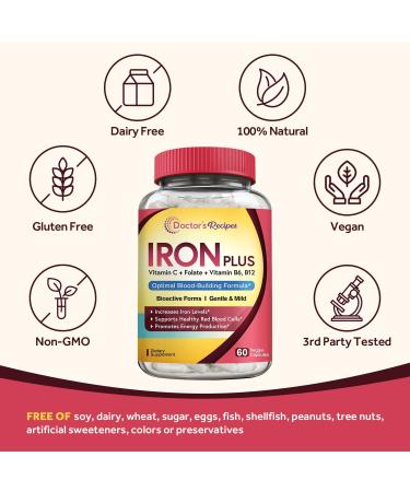 Doctor's Recipes Iron Supplement 36mg - Enhanced Absorption with Vitamin C, B6, Folate & B12 - 60 Vegan Capsules - Buy Online on GoSupps.com
