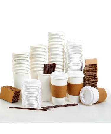 100 Pack 16 oz Paper Coffee Cups Disposable Paper Coffee Cup with Lids Sleeves and Stirrers Hot/Cold Beverage Drinking Cup for Water Juice Coffee or Tea Suitable for Home Shops and Cafes 16oz 100Pack