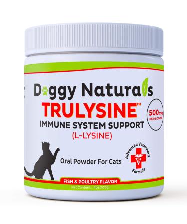 Trulysine Plus L-Lysine for Cats Immune Support Oral Powder - Cats & Kittens of All Age, Sneezing, Runny Nose Squinting, Watery Eyes ( Chicken or Fish & Poultry Flavor) (U.S.A) 100 Grams ( 500mg / Scoop)