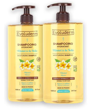 EVOLUDERM - Monoï à la Folie Moisturizing Shampoo - 1000 ml - 95% Natural Origin - Vegan - Made in France - Pack of 2 x 1000 ml