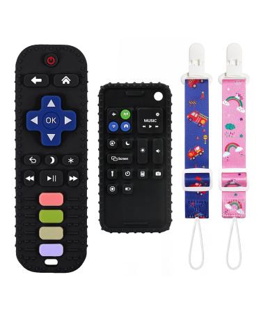 Andywoo Teething Toys for Babies 0-6 Months 6-12 Months  Baby Teething Remote Control Teether Toys  Cell Phone Teether for Babies  Chew Toy for Baby  Silicone Sensory Baby Teethers Toys - Black Remote Black+Phone Black