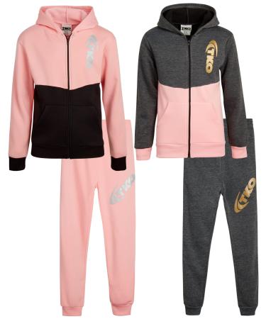 TKO Girls' Jogger Set - 4 Piece Fleece Hoodie and Sweatpants Sweatsuit (Size: 4-12) 4 Mauve/Black/Heather Grey/Pink