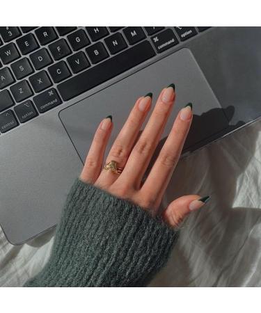 30 PCS Dark Green French Tip Press on Nails Almond Short SXVME Fake Nails Glue on Nails Medium Short Gel Nails Acrylic Nails Press ons Medium Short False Nails Stick on Nails for Women almond-dark green