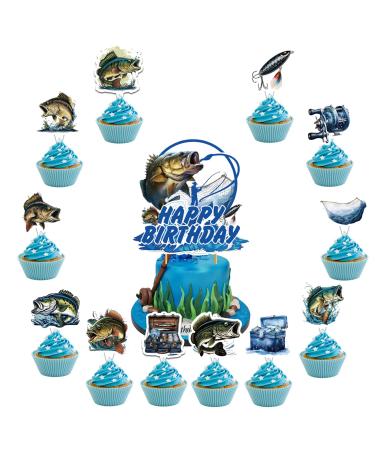 25 Pcs Fishing Cake Decorations Gone Fishing Cake Topper Cupcake Toppers for Fishing Birthday Decorations Baby Shower Decorations Birthday Party Supplies