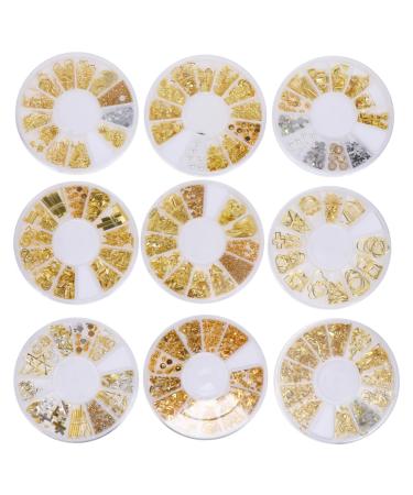 FRCOLOR Nail Art Accessories Nail Stickers 9 Boxes Nail Nail art Studs nail Rivets Studs gold nail studs Art Rivet 3D Nail Art Stickers Nail Accessories 6.8X6.8X0.8CM Gold Silver White