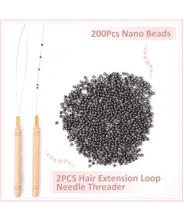 Vlasy Nano Beads Silicone Lined 3.0mm - 200PCS with Hair Extension Loop Needle Threaders - Dark Brown Set for Hair Extensions - Buy Online on GoSupps.com