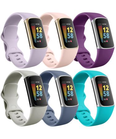 Ouwegaga Band Compatible with Fitbit Charge 5 Bands Women Men Soft Flexible and Comfortable Sport Replacement Wristbands for Fitbit Charge 5 Advanced Fitness & Health Tracker Small 6 Pack Small (5.5"-7.1") Lavender/Teal/Blue Gray/Purple/Gray/Pink
