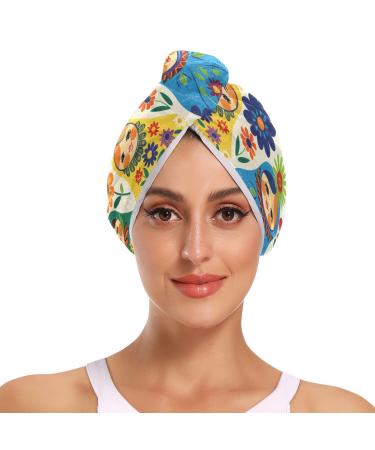 Matryoshka Russian Traditional Wooden Doll Hair Towel 2 Pack Super Absorbent Hair Drying Towel Quick Dry Hair Turbans Head Towel with Button Twisty Wrap for Women Girls