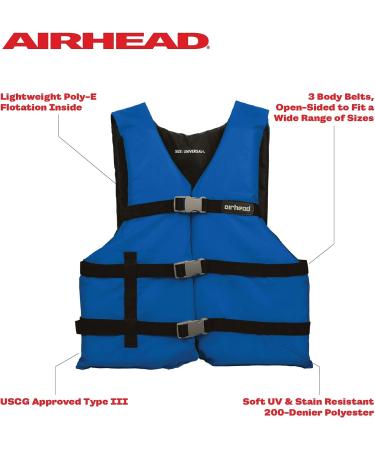 AIRHEAD General All Purpose Life Jacket - US Coast Guard Approved Type III Vest, Blue Adult Universal - Ideal for Boating and Watercraft Use - Buy Online on GoSupps.com