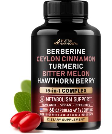 Berberine with Ceylon Cinnamon | Bitter Melon (Karela) | Apple Cider Vinegar | Hawthorn Berry | Citrus Bergamot | Turmeric - 15-in-1 Supplement for Heart Support Metabolism & Energy - 60 Capsules