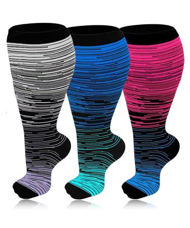 3 Pairs Plus Size Compression Socks for Women & Men 20-30 mmHg Wide Calf Extra Large Knee High Flight Socks Compression Stockings for Circulation Support 2XL 3PCS-Gray Red Navy
