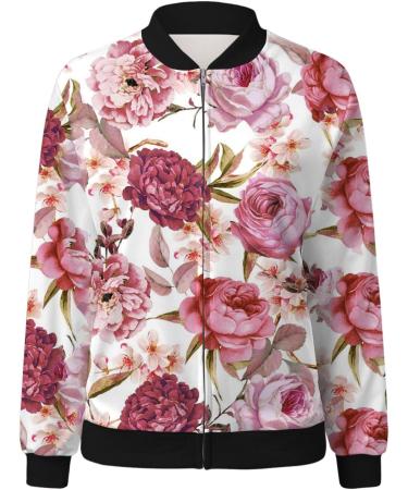 Stylish Women's Light Bomber Jacket with Flower Pattern - Casual Aviator Zipper Summer Outerwear in Red - Perfect for College & Everyday Wear - Buy Online on GoSupps.com