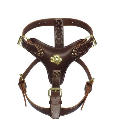 Extra Large Heavy Duty Brown Leather Dog Harness with Gold Fittings and American Bully Head Motif