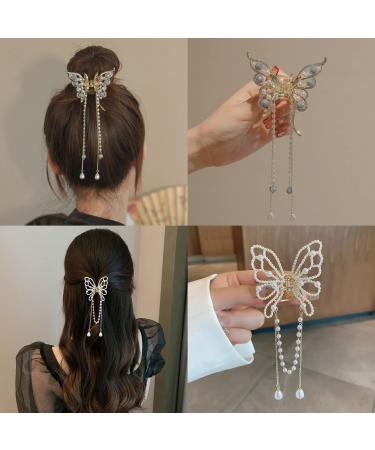 2PCS Butterfly Hair Clips for Women Metal Nonslip Small Claw Clip Peal Tassel Sparkling Hairpins Fashion Styling Hair Accessories Gift