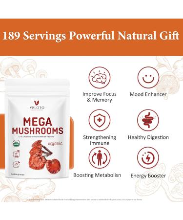 VELOTO Organic Mega Mushroom Powder Blend 10 in 1 Complex Mushroom Extract Powder Herbal Supplement with Reishi Cordyceps Chaga Lion's Mane Vegan & More Sustainably US Grown Filler Free 10oz - Buy Online on GoSupps.com