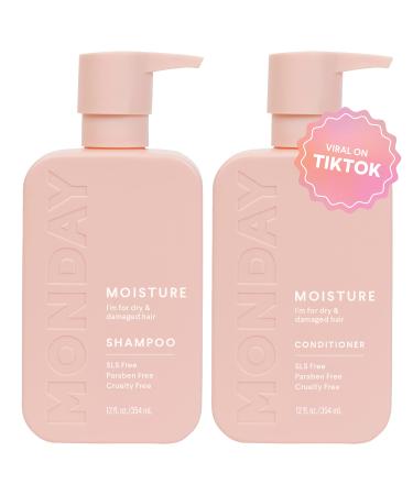 MONDAY HAIRCARE Moisture Shampoo + Conditioner Set (2 Pack) 12oz Each, Dry, Coarse, Stressed, Coily & Curly Hair, Made from Coconut Oil, Rice Protein, Shea Butter, & Vitamin E, 100% Recyclable Bottles