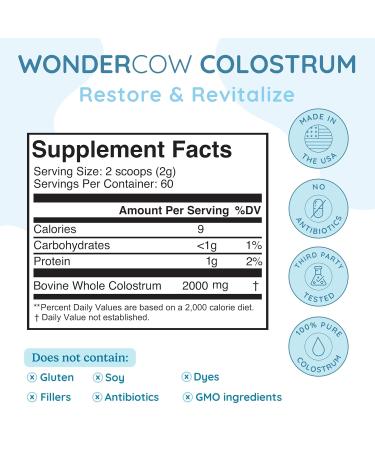 WONDERCOW Colostrum Supplement Powder - Gut Health Immune Support & Muscle Recovery | Natural Pure Bovine Colostrum Superfood - 60 Unflavored Servings - Buy Online on GoSupps.com