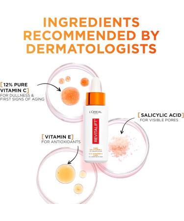 L'Or al Paris 12% Pure Vitamin C Brightening Face Serum with Vitamin E & Salicylic Acid for Antioxidant Protection & Less Visible Pores Revitalift Derm Intensives 30mL - Buy Online on GoSupps.com